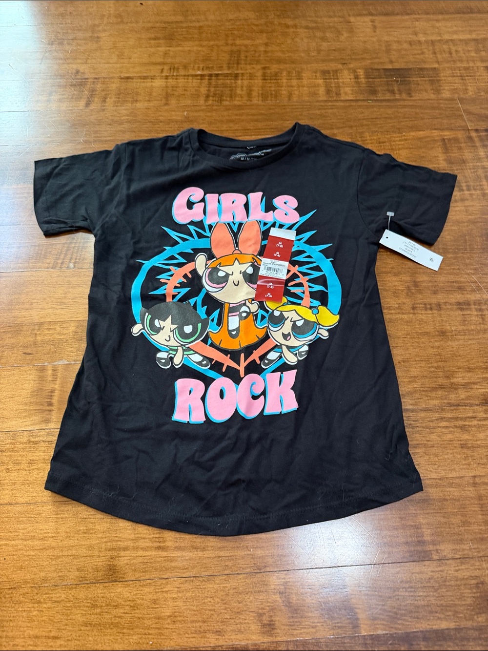 The Girls Black 'Girls Rock' Powerpuff Graphic Tee with Pink and Blue Accents